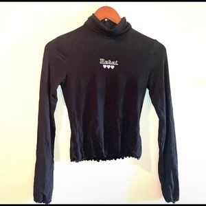 Forever 21 Top Size Small Womens Black Rebel Heart Mockneck Ruffle Hem Y2K